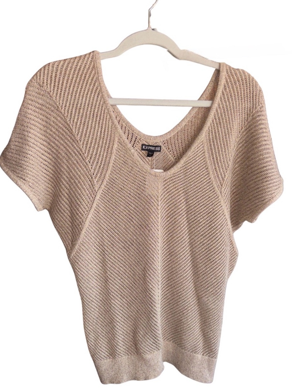 Express Beige V-Neck Short Sleeve Ribbed Knit Sweater